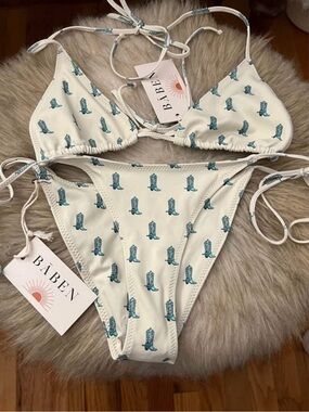 White & Teal Cowboy Boot Print Triangle Bikini